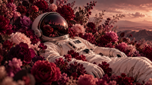 Astronauta deitado em meio a flores em tons de vinho, rosa e magenta, com traje branco e visor refletindo a paisagem ao pôr do sol. A cena tem estética editorial e futurista, alinhada à identidade visual da 20falar.