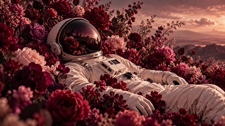 Astronauta deitado em meio a flores em tons de vinho, rosa e magenta, com traje branco e visor refletindo a paisagem ao pôr do sol. A cena tem estética editorial e futurista, alinhada à identidade visual da 20falar.