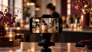 Smartphone em tripé gravando uma cena para produção de conteúdo em vídeo para redes sociais, com ambiente profissional em tons vinho, bege e preto.