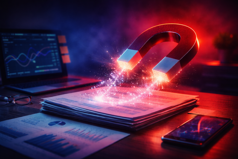 Ímã neon em estética anos 80 atraindo partículas luminosas sobre mesa com gráficos estratégicos, simbolizando promessa de marca que gera leads qualificados.