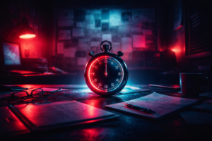 Relógio iluminado em ambiente retrô anos 80 com estética neon vermelho e azul representando o processo estratégico de encontrar a promessa de marca em 20 minutos.