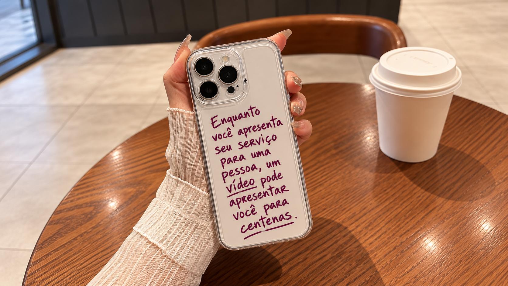 Celular com mensagem sobre como vídeos para redes sociais podem apresentar um serviço para centenas de pessoas e ampliar a presença digital de uma empresa.